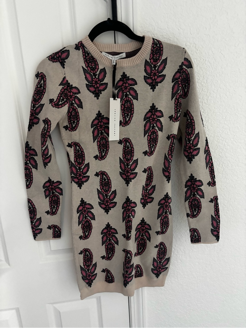 English Factory Beige Knit Dress with Pink & Black Paisley